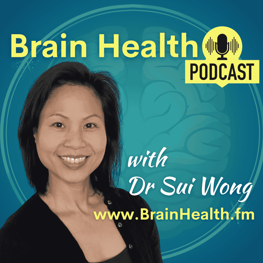 Podcast cover featuring Dr Sui Wong smiling against a teal background with a faint brain illustration. Text reads “Brain Health Podcast with Dr Sui Wong” and “www.BrainHealth.fm,”
with a microphone icon indicating the podcast format.